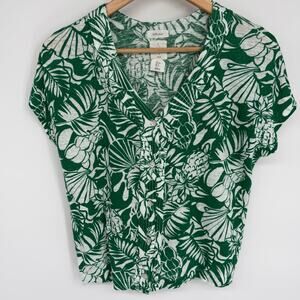 Joie Top Women’s Small Linen Tropical Leaf Button Up Vacation Coastal Green